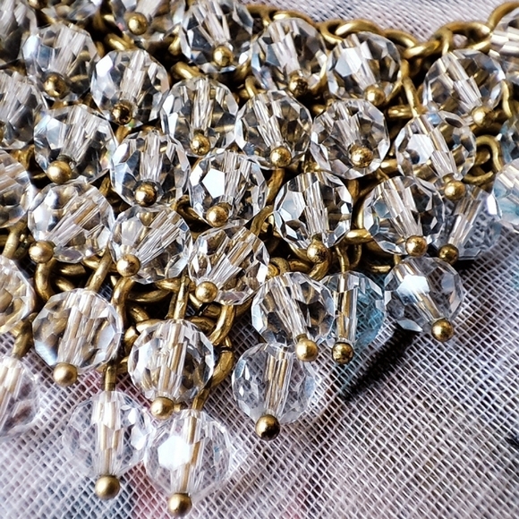 J. Crew Crystal Clear Faceted Beads Brass Tone Chainmaille Statement Necklace - Picture 7 of 12